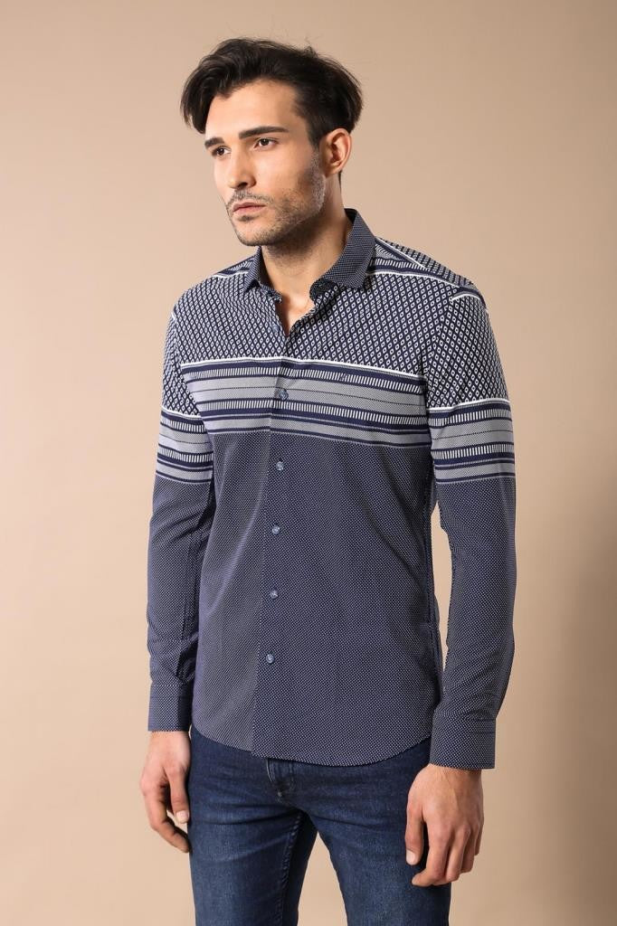 WSS Patterned Navy Blue Men Shirt  - Halberstadt