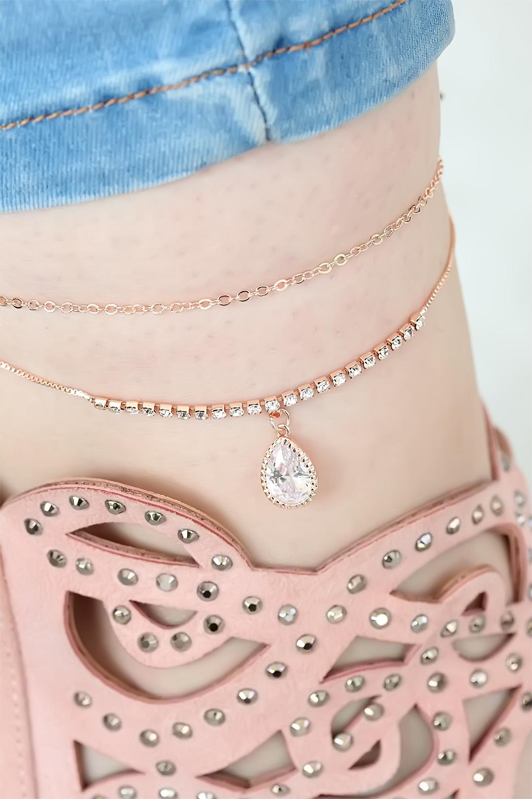 EBJ Rose Color Double Chain Drop Stone Necklace - Smila