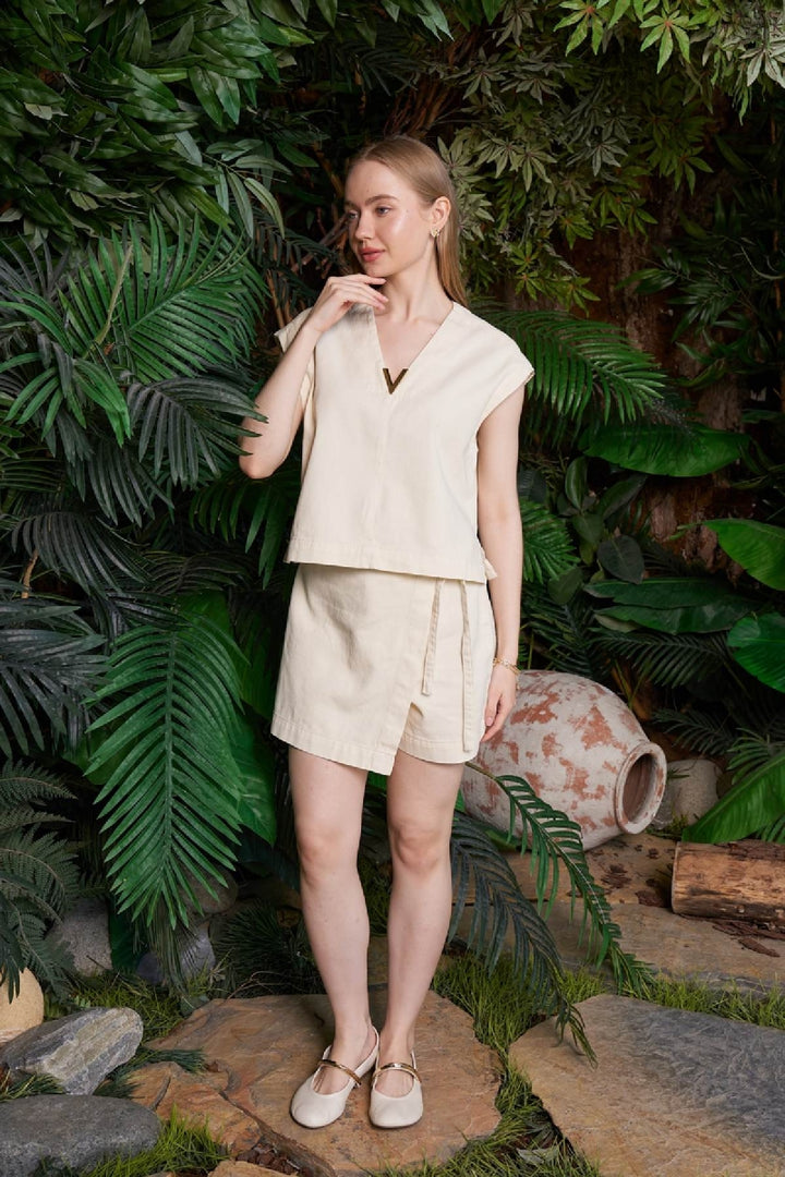 XLJ V Neck Linen Blouse Mixed - Battle Creek