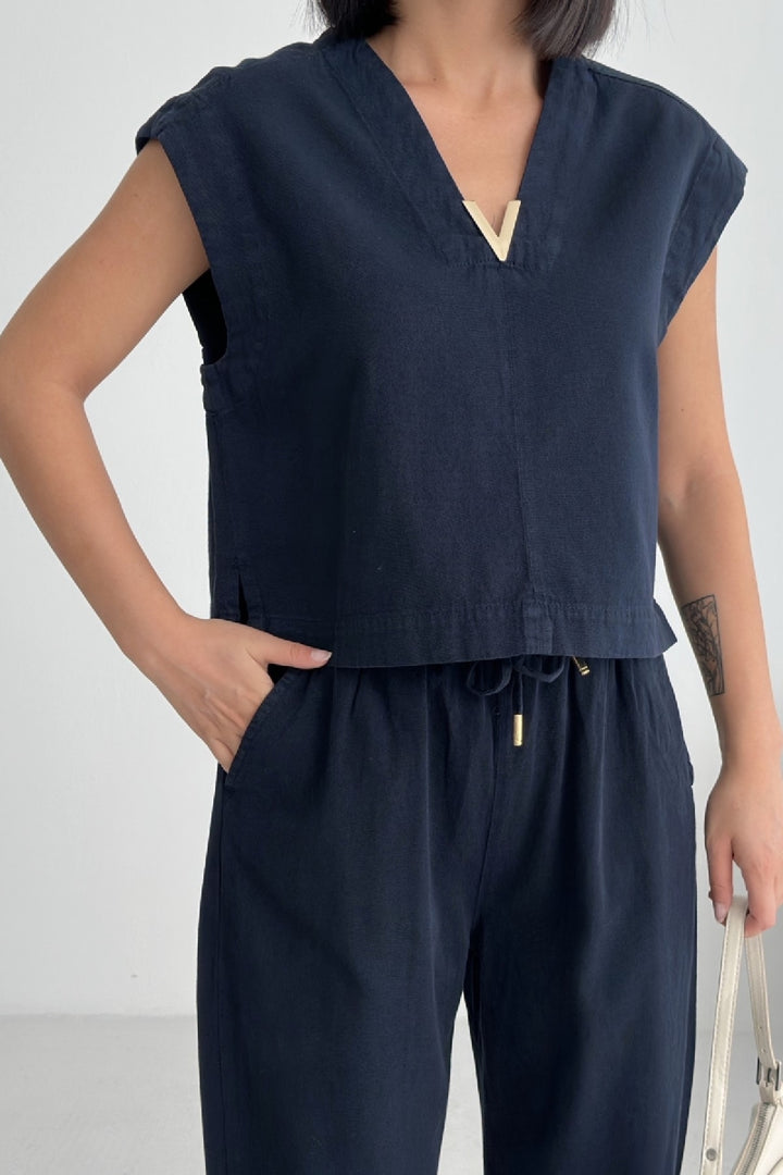 XLJ V Neck Linen Blouse Mixed - Hamm