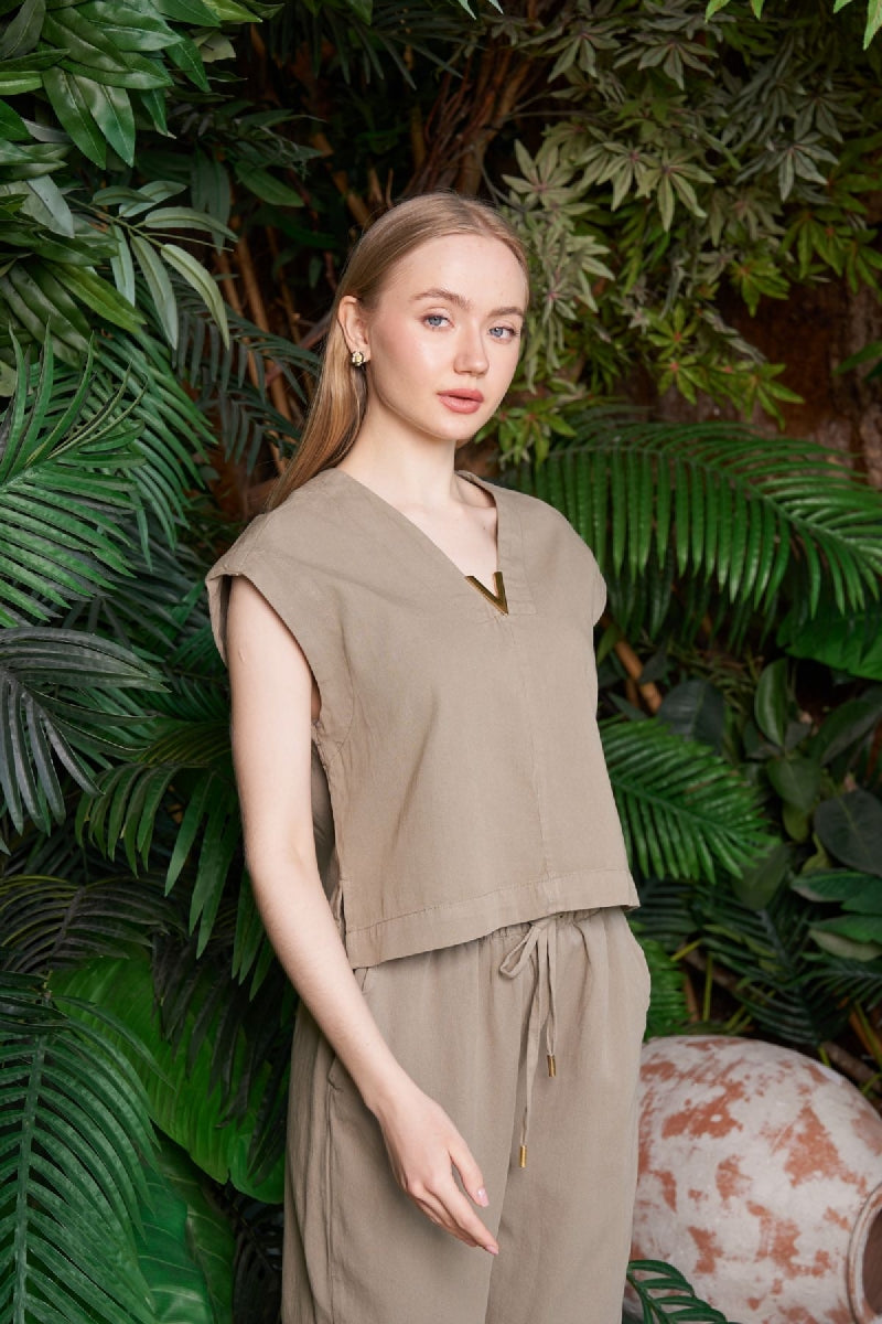XLJ V Neck Linen Blouse Mixed - Tarragona