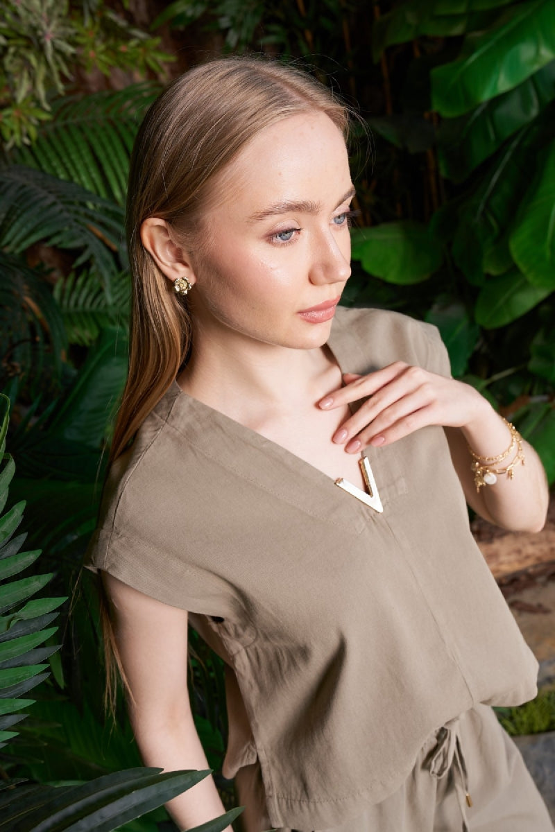 XLJ V Neck Linen Blouse Mixed - Tarragona