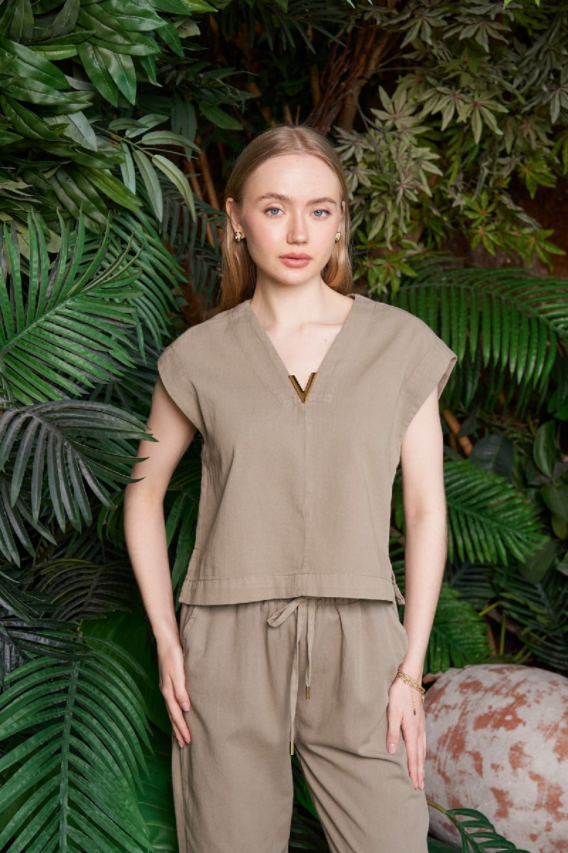 XLJ V Neck Linen Blouse Mixed - Tarragona