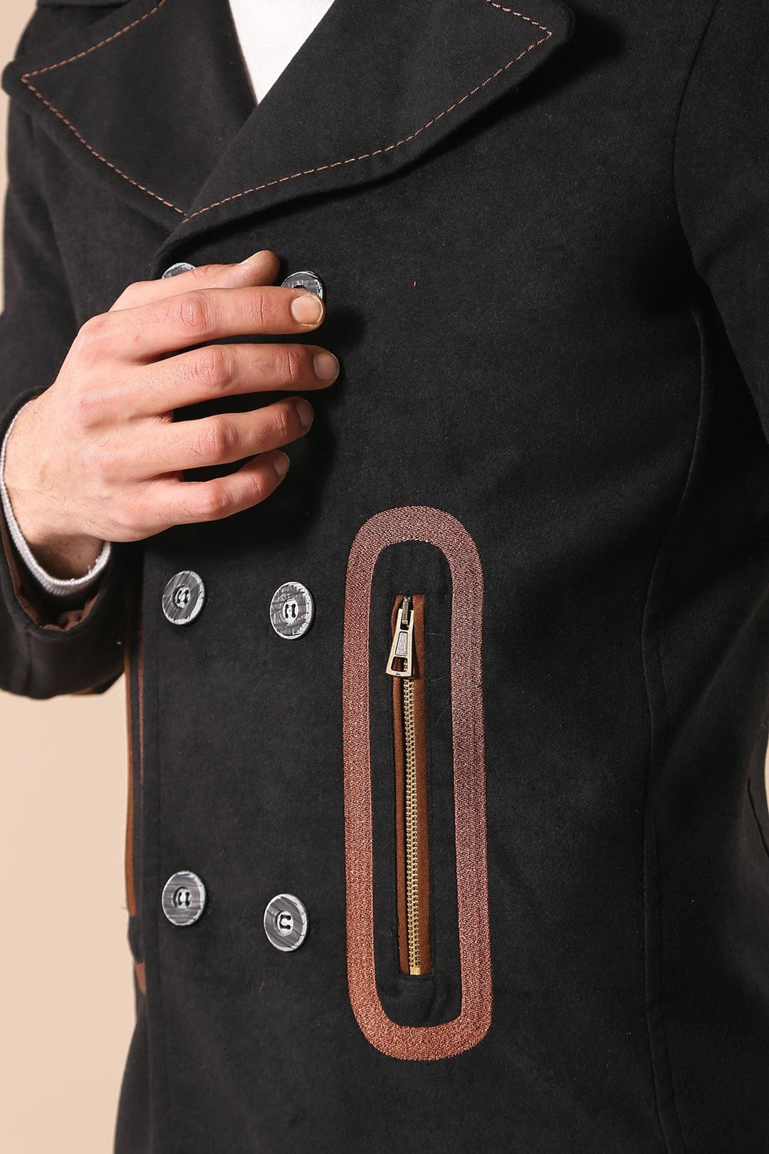 WSS Pocket Edge Embroidered 6 Buttons Brown Coat- - Morristown