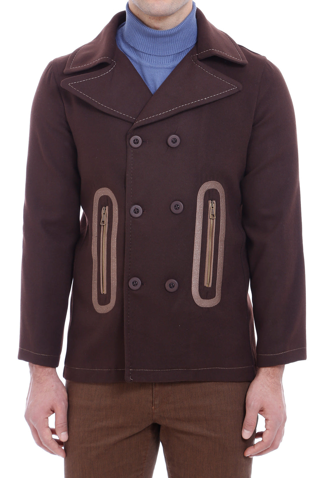WSS Pocket Edge Embroidered 6 Buttons Brown Coat- - Harrisonburg