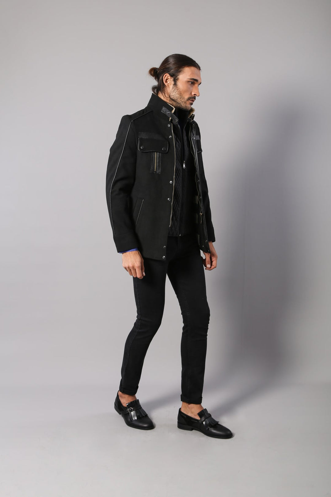 WSS Fur Collar 4 Pockets Black Men Coat  - Matera