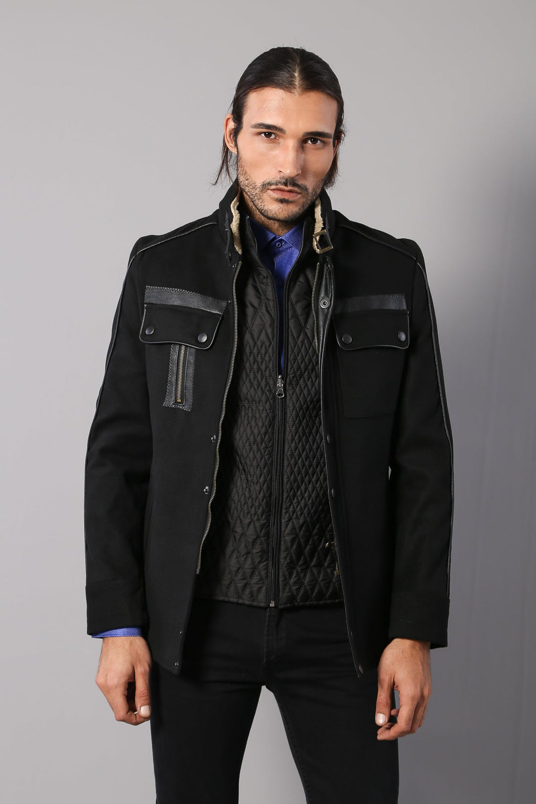 WSS Fur Collar 4 Pockets Black Men Coat  - Matera