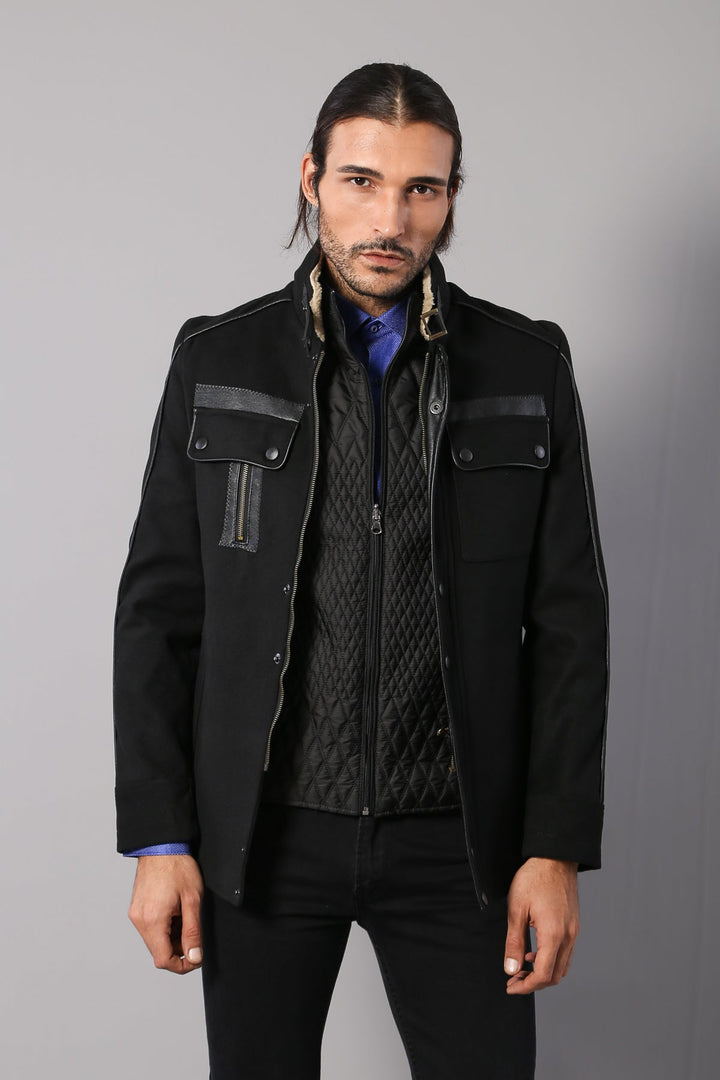 WSS Fur Collar 4 Pockets Black Men Coat  - Matera
