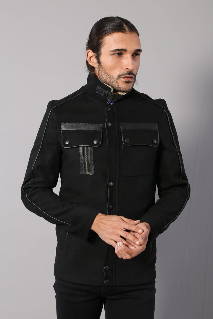 WSS Fur Collar 4 Pockets Black Men Coat  - Matera