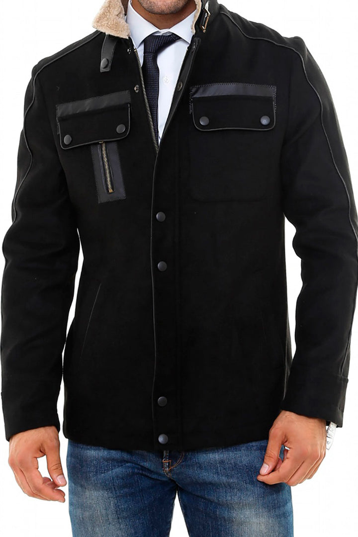 WSS Fur Collar 4 Pockets Black Men Coat  - Matera