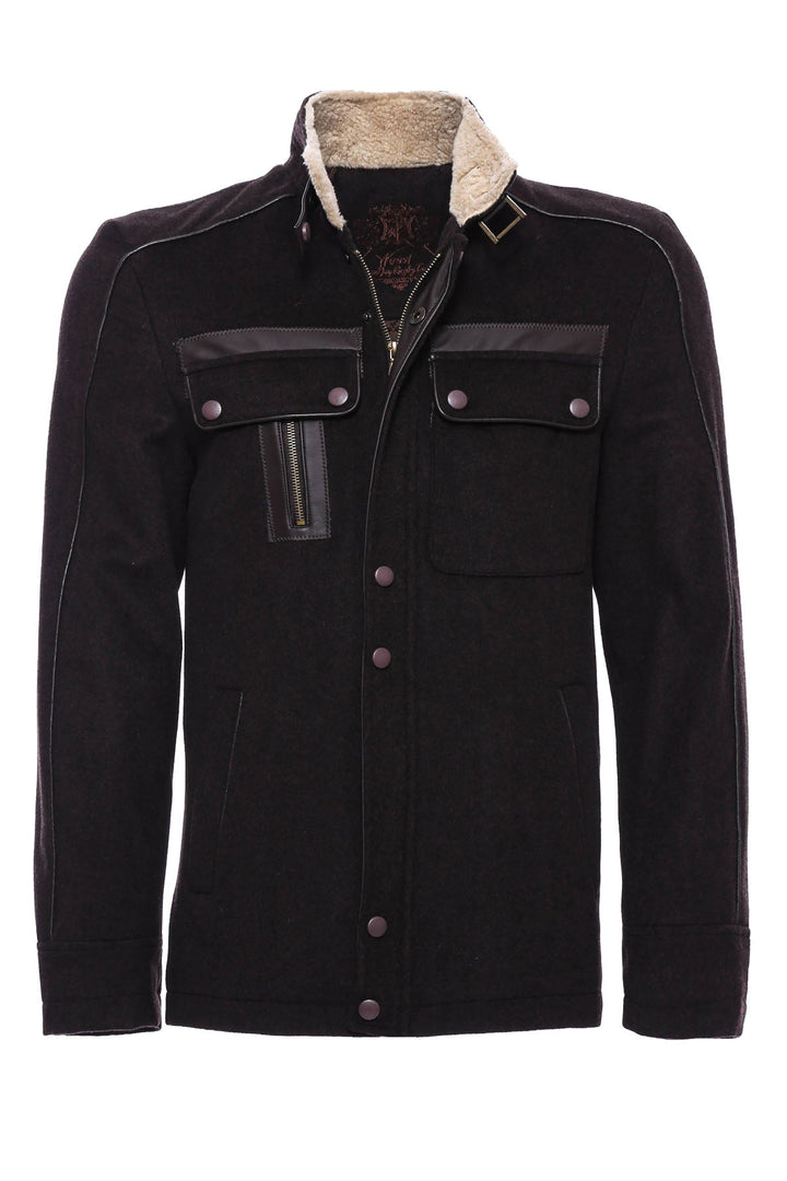 WSS Fur Collar 4 Pockets Brown Men Coat  - Willich