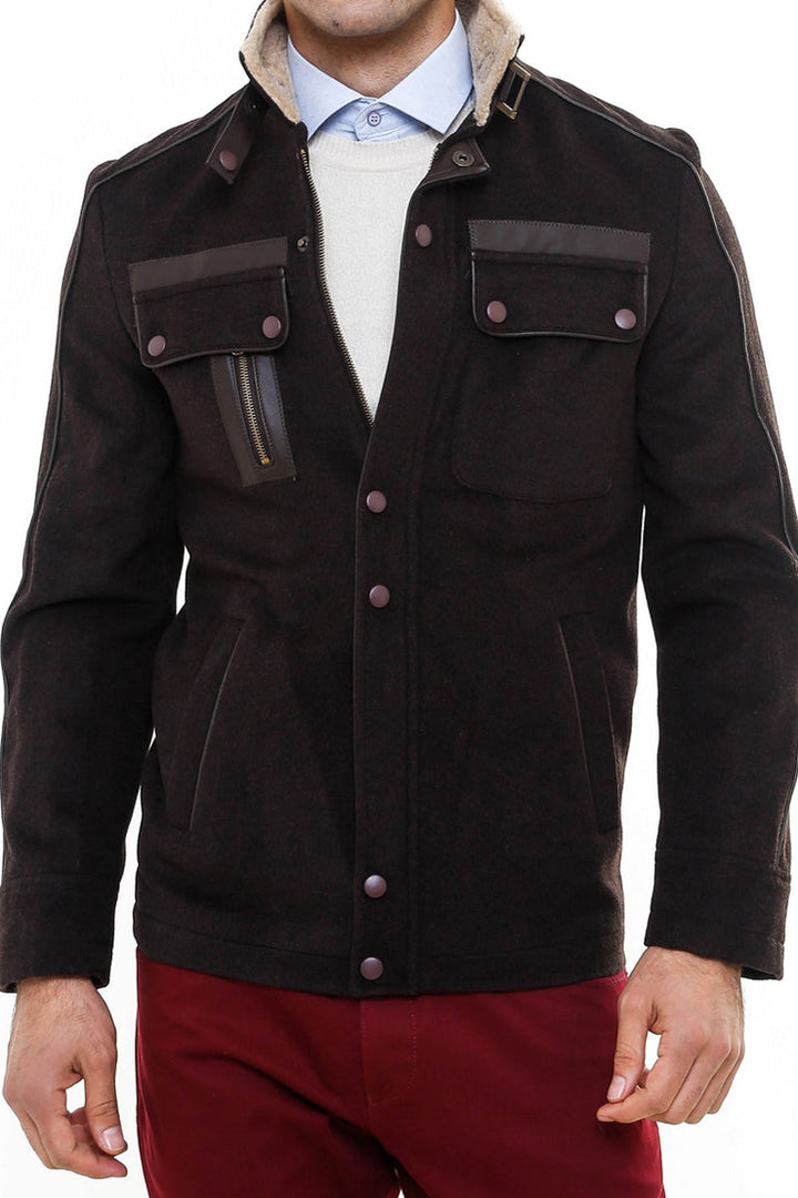 WSS Fur Collar 4 Pockets Brown Men Coat  - Willich