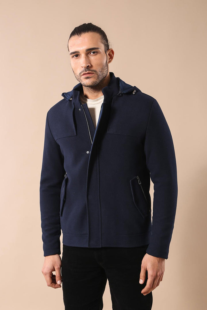 WSS Zippered Sleeve Hooded Blue Men Coat  - Uman