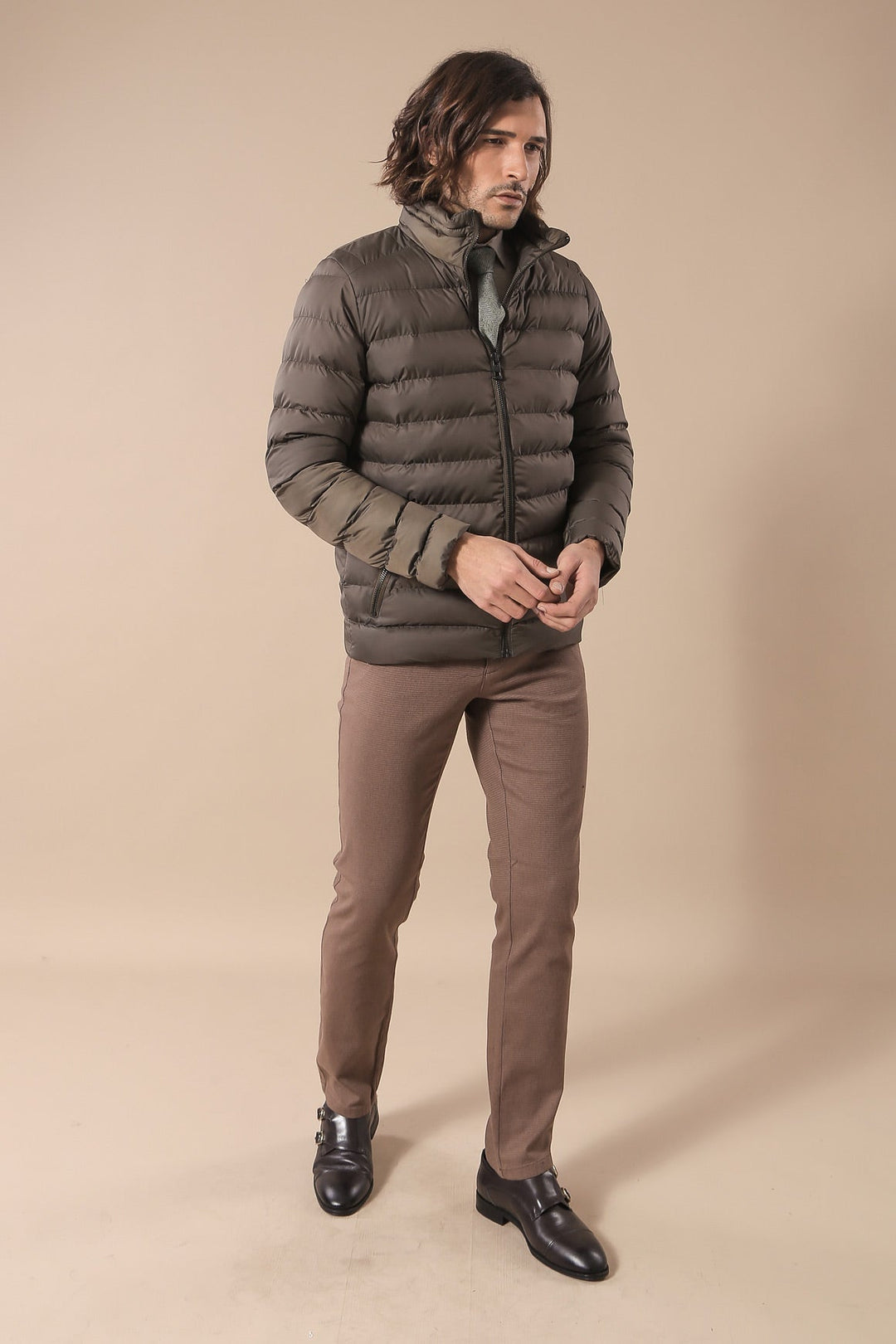 WSS Quilted Standing Collar 2 Pockets Short Khaki Men Down Coat  - Bitterfeld