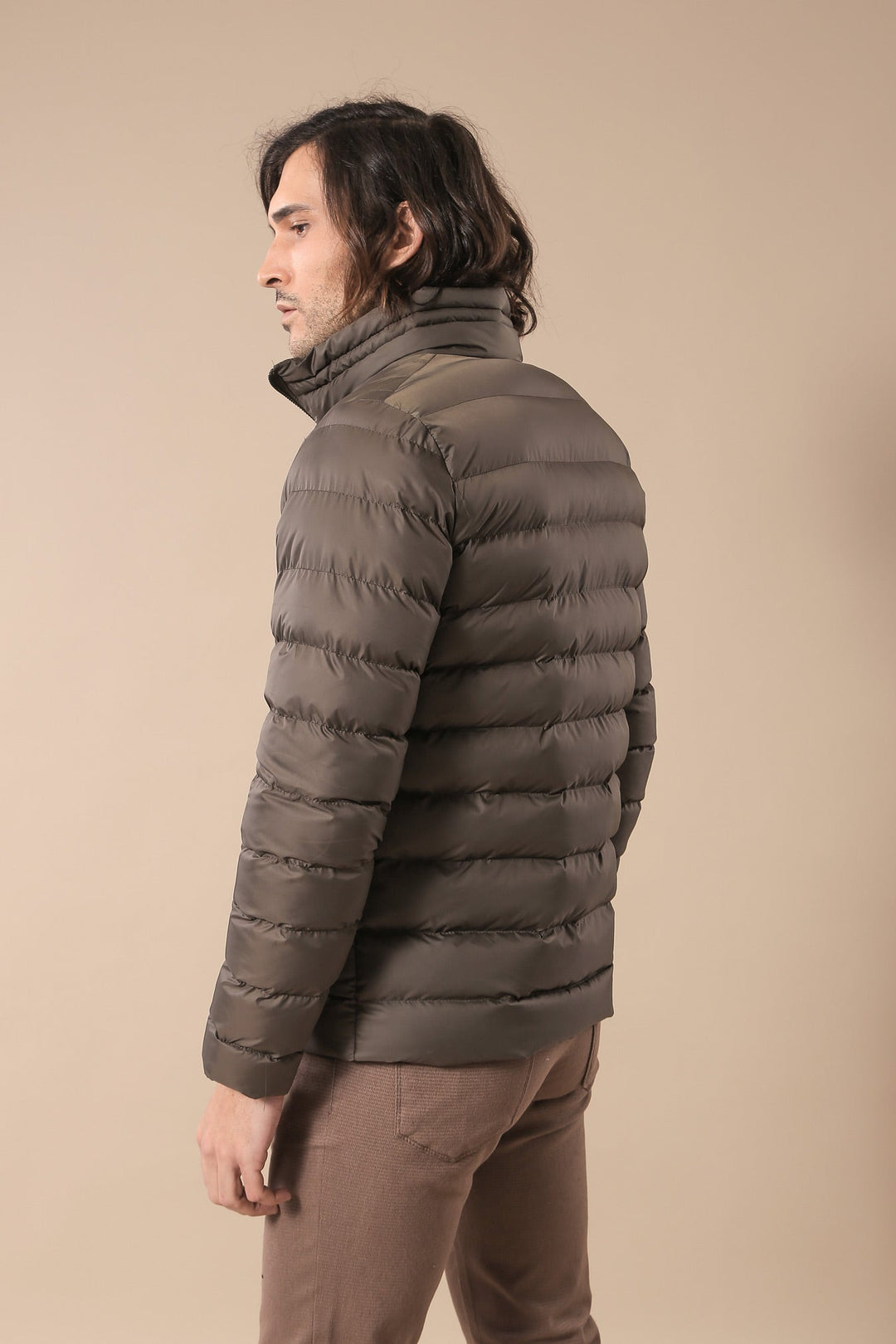 WSS Quilted Standing Collar 2 Pockets Short Khaki Men Down Coat  - Bitterfeld