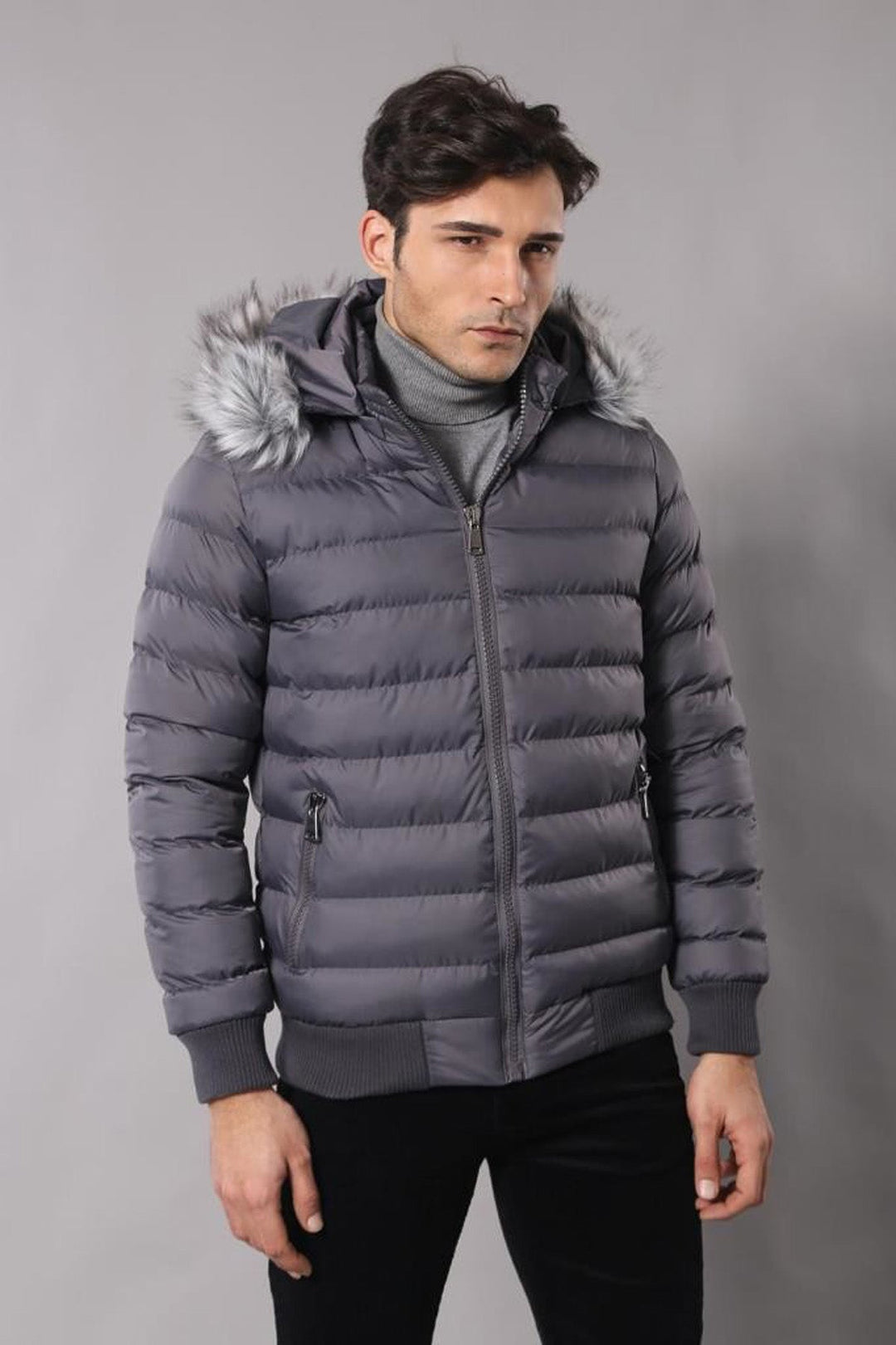 WSS Grey Men's Puffer Coat with Fur  - Krasnyi Luch