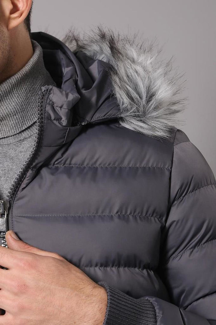 WSS Grey Men's Puffer Coat with Fur  - Krasnyi Luch
