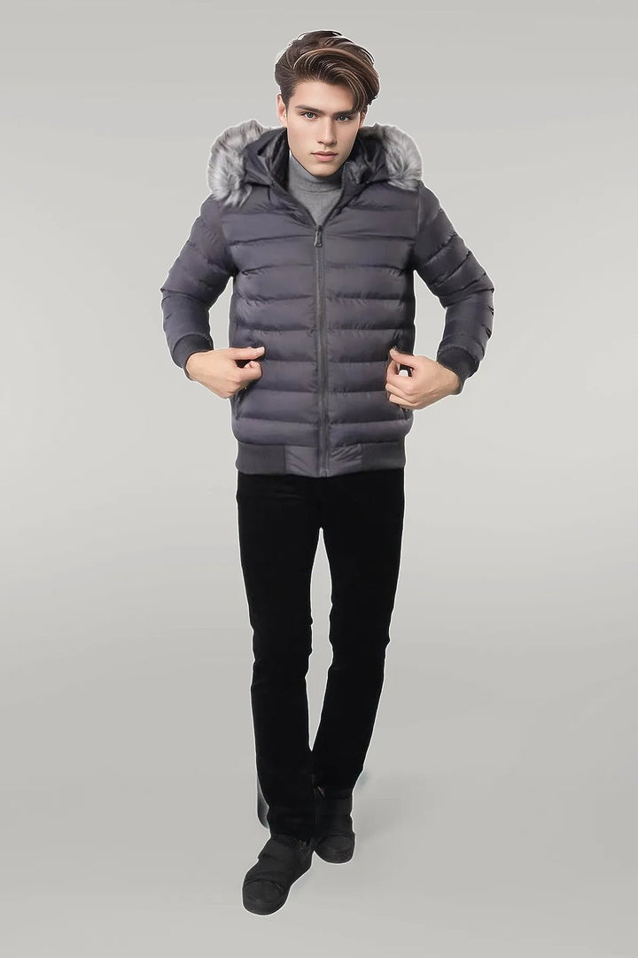 WSS Grey Men's Puffer Coat with Fur  - Singen