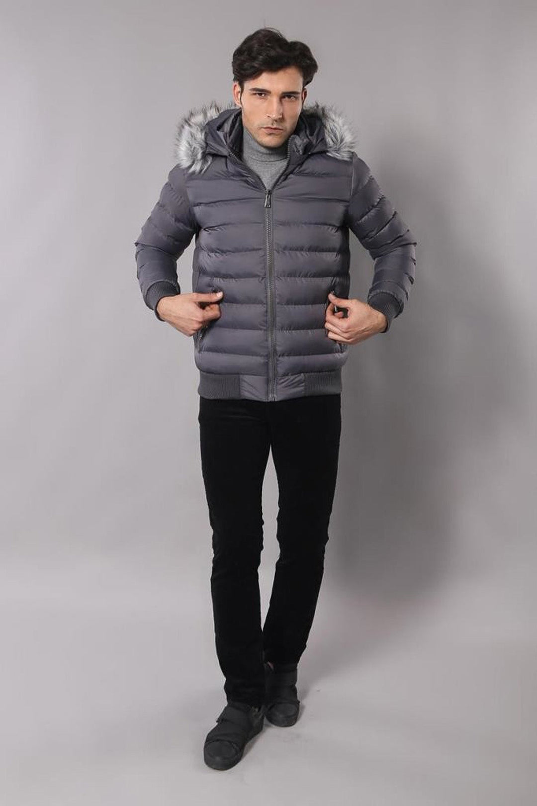 WSS Grey Men's Puffer Coat with Fur  - Krasnyi Luch