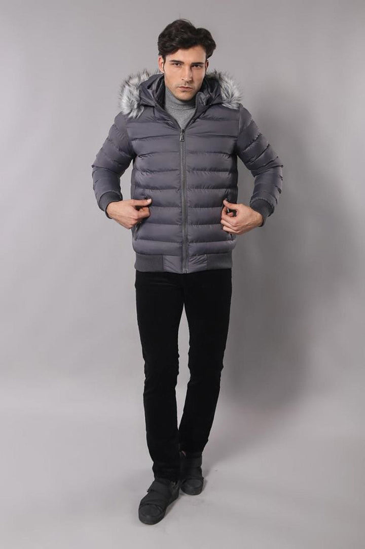 WSS Grey Men's Puffer Coat with Fur  - Krasnyi Luch