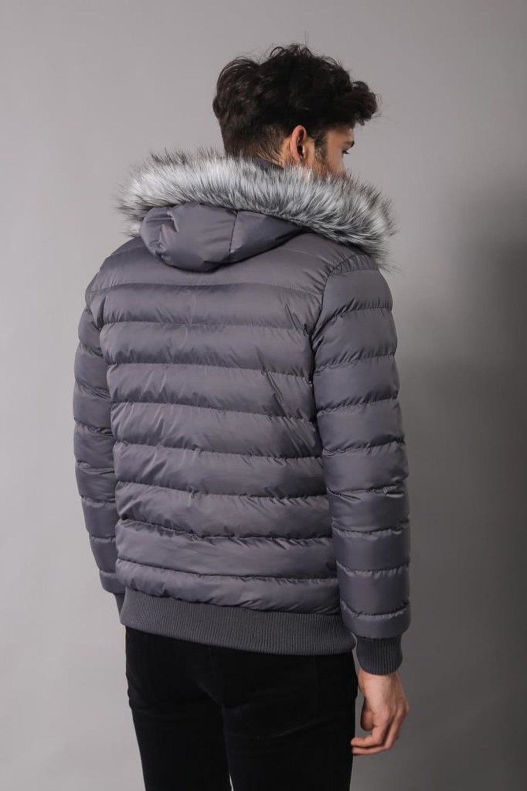 WSS Grey Men's Puffer Coat with Fur  - Krasnyi Luch