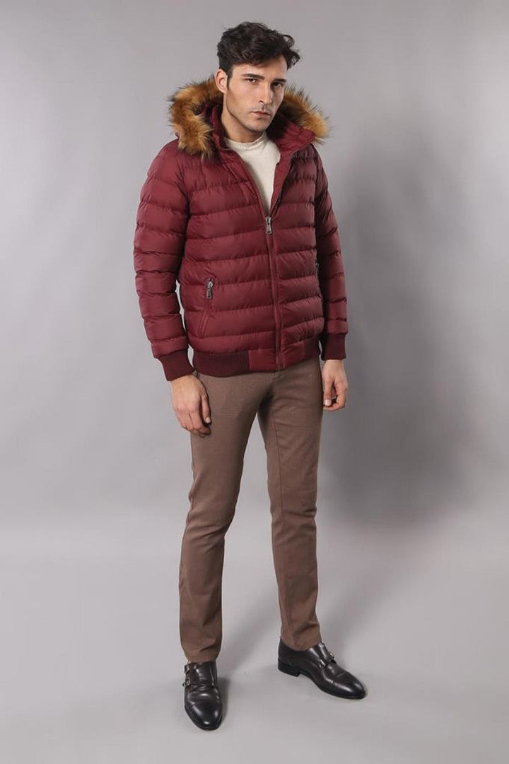 WSS Fur Hooded Burgundy Men Down Coat  - Waldorf