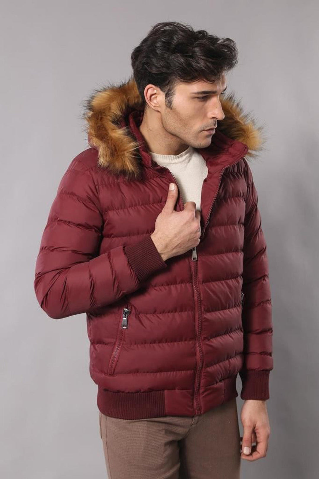 WSS Fur Hooded Burgundy Men Down Coat  - Waldorf