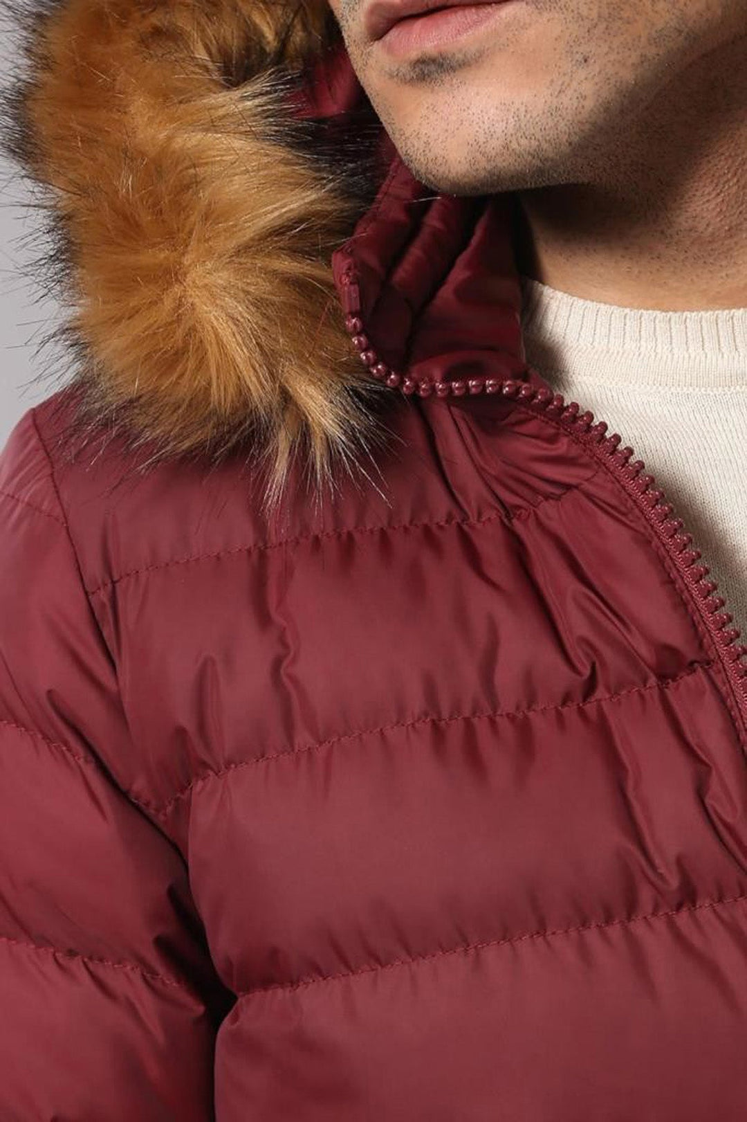 WSS Fur Hooded Burgundy Men Down Coat  - Waldorf