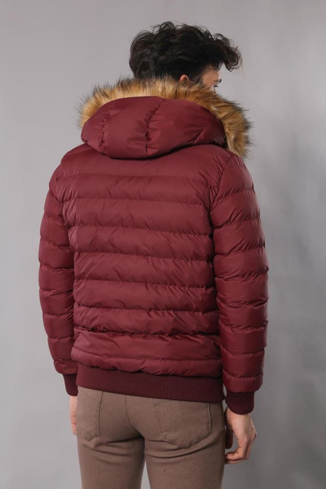 WSS Fur Hooded Burgundy Men Down Coat  - Waldorf