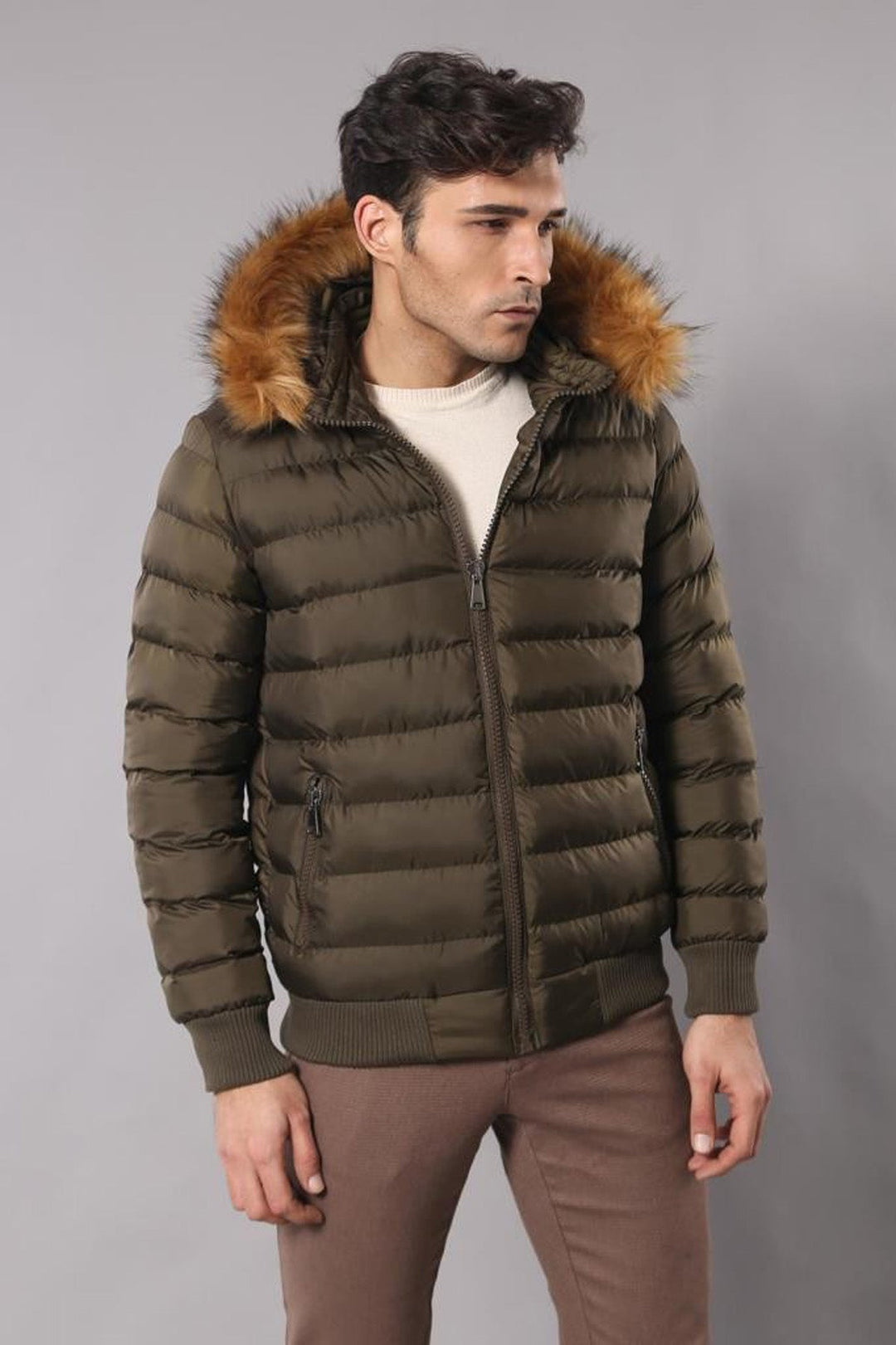 WSS Khaki Fur Hooded Men's Puffer Coat  - Kaunas