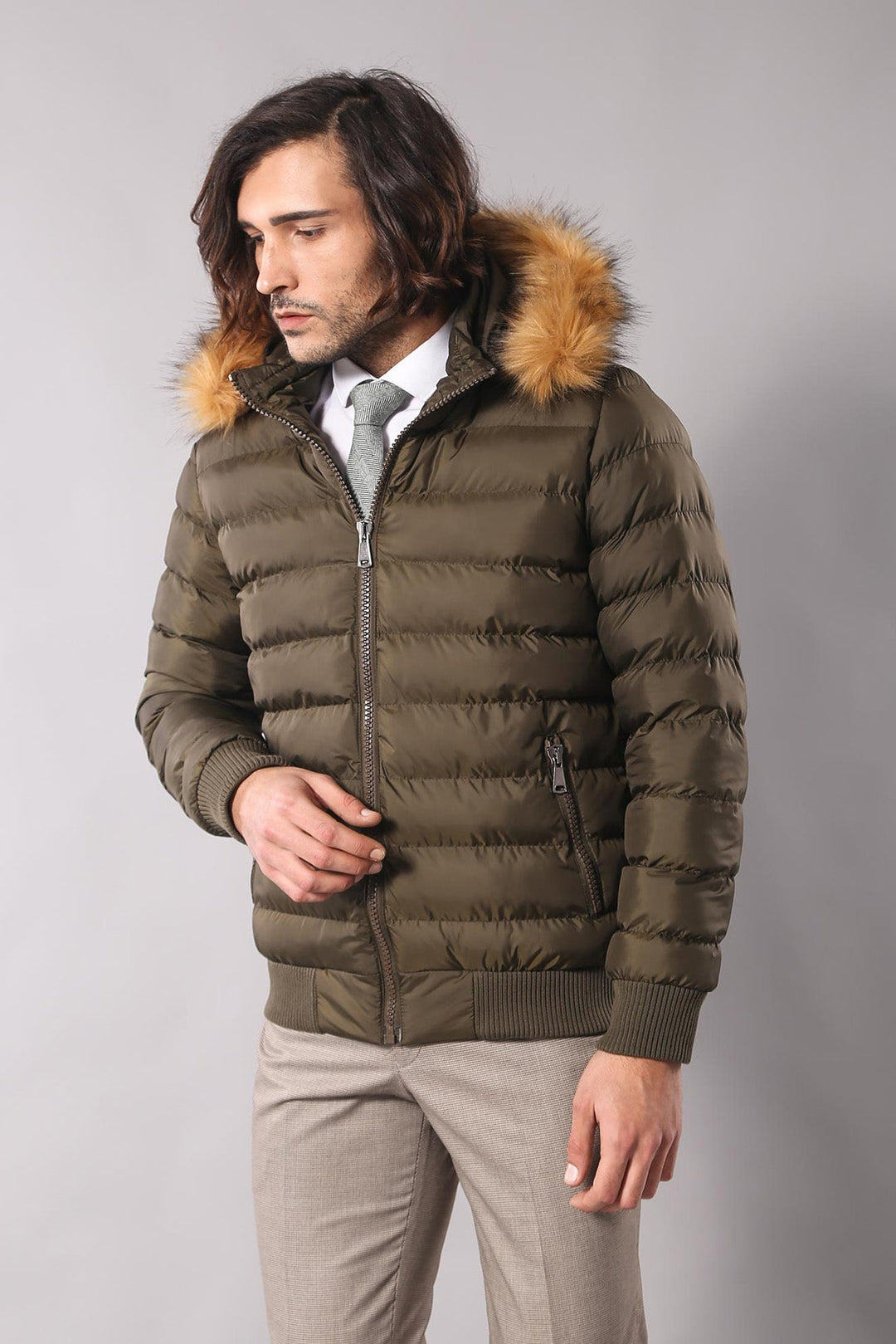 WSS Khaki Fur Hooded Men's Puffer Coat  - Kaunas