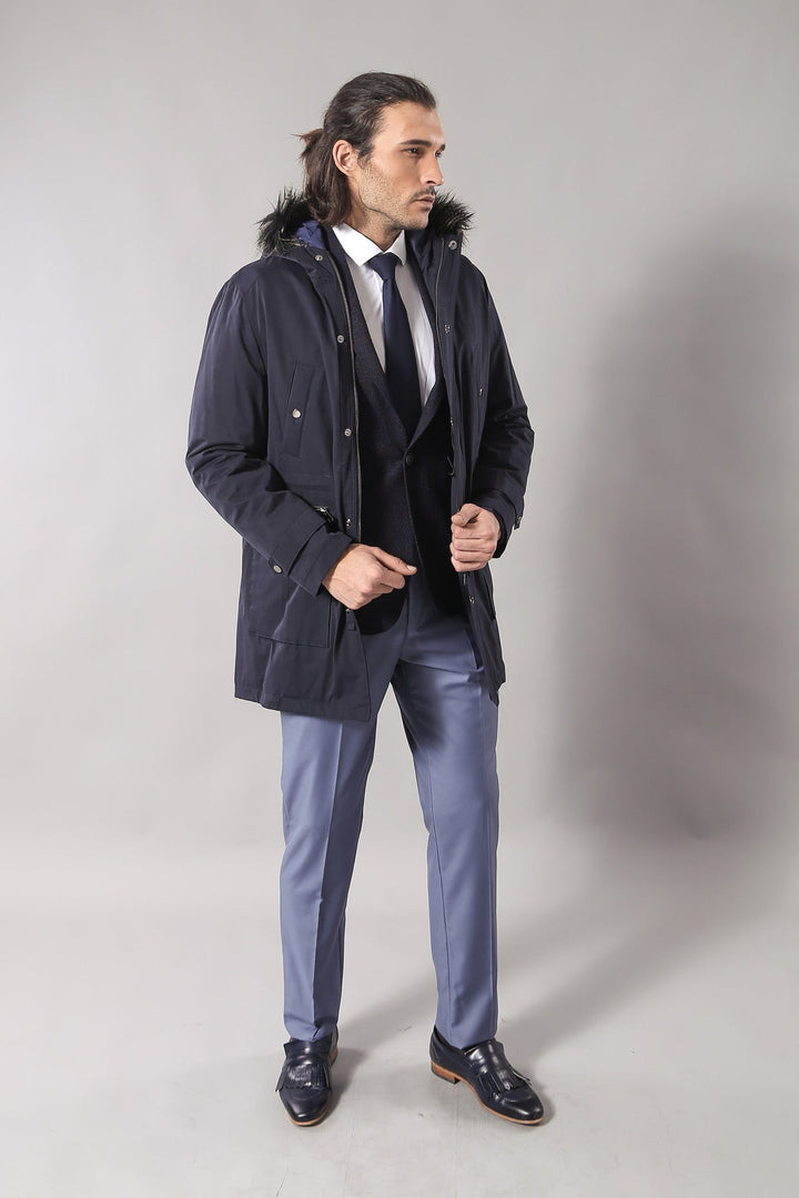 WSS Fur Hooded Navy Blue Men Coat  - Wellington