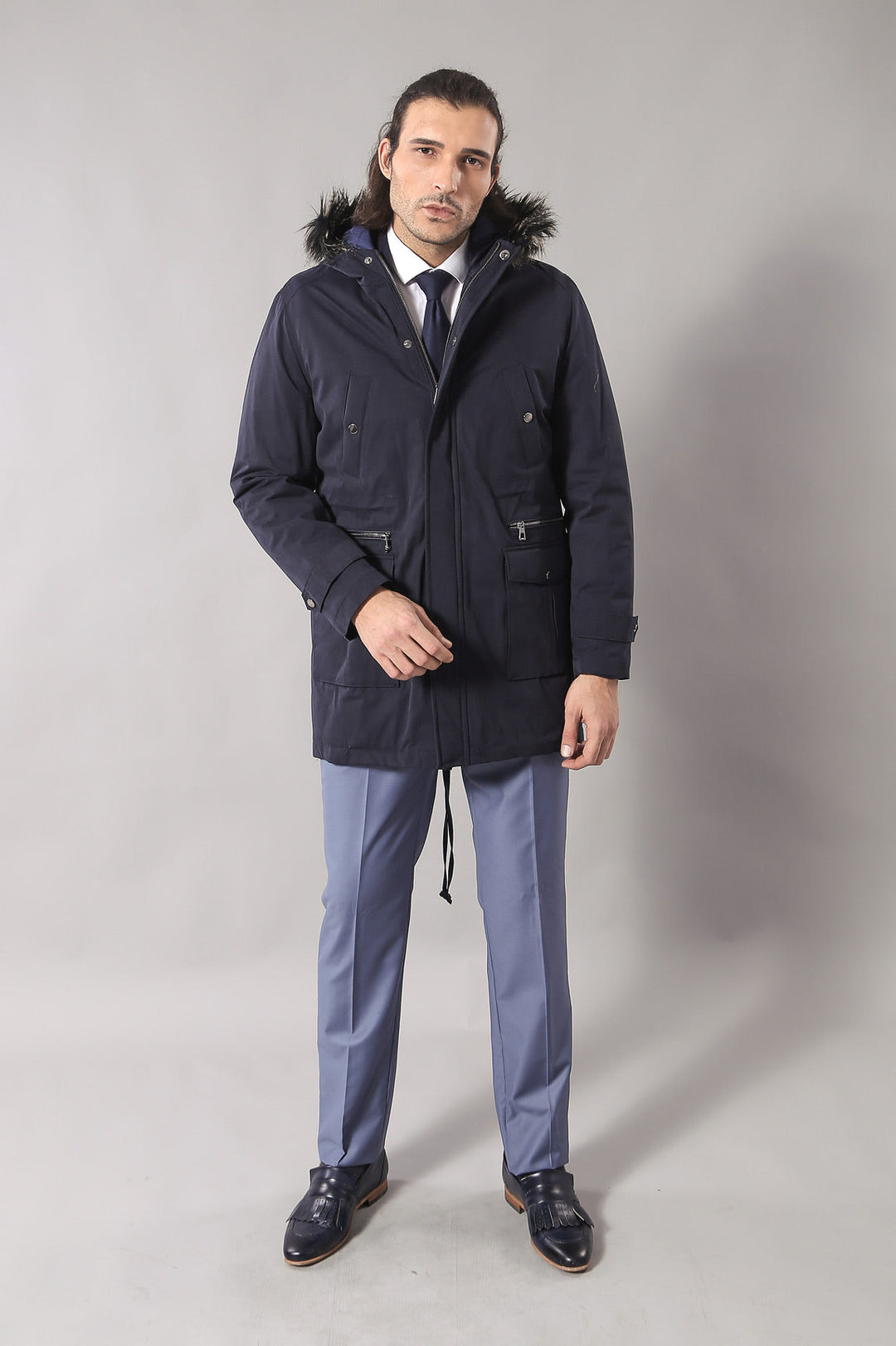 WSS Fur Hooded Navy Blue Men Coat  - Wellington