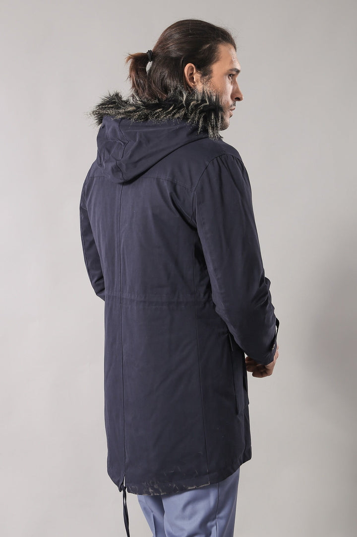 WSS Fur Hooded Navy Blue Men Coat  - Wellington