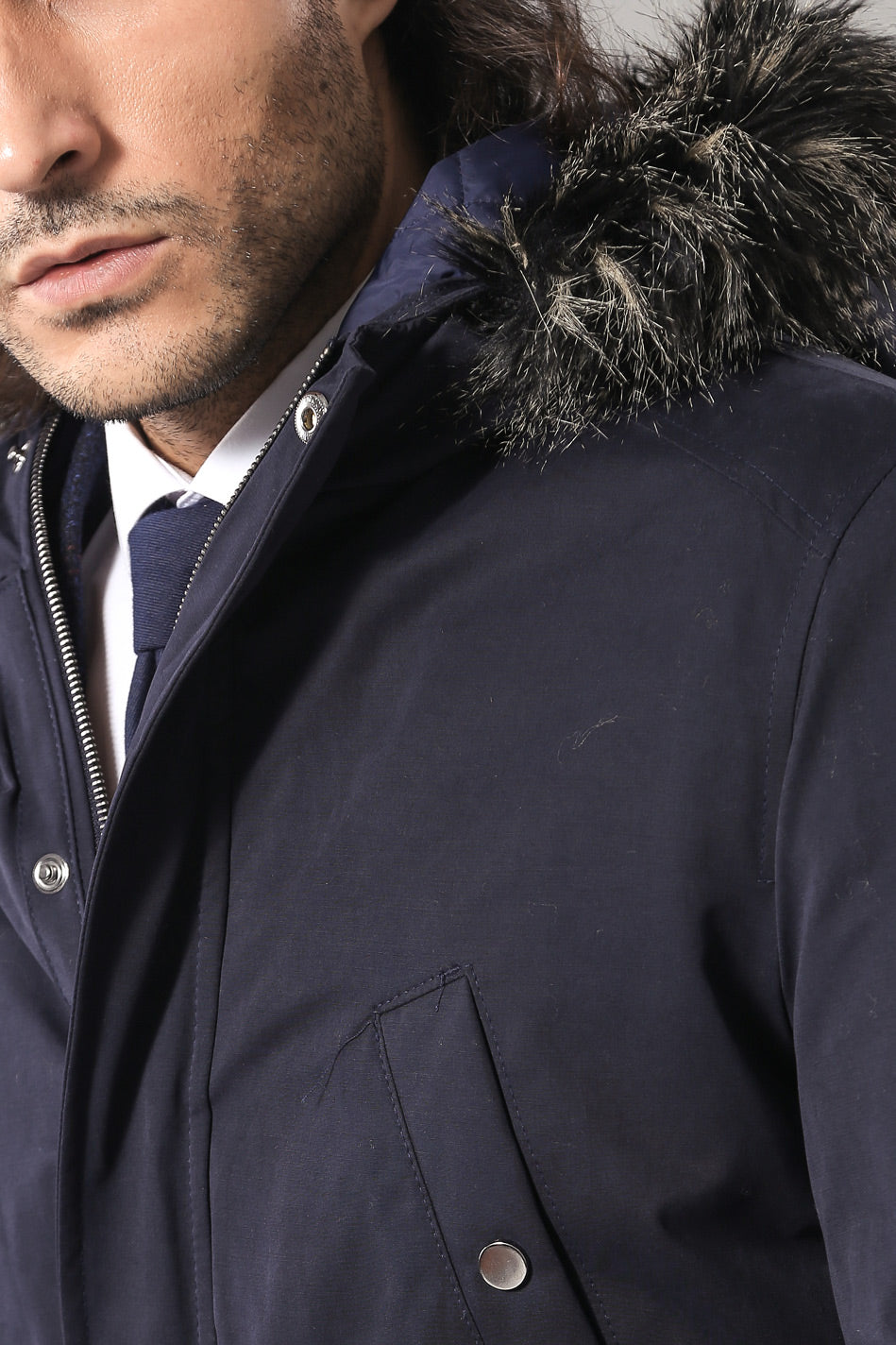 WSS Fur Hooded Navy Blue Men Coat  - Wellington