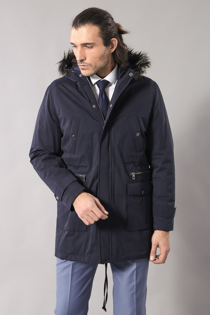 WSS Fur Hooded Navy Blue Men Coat  - Wellington