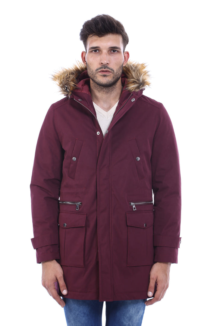 WSS Fur Hooded Burgundy Men Coat  - Olot
