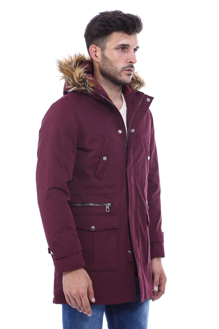 WSS Fur Hooded Burgundy Men Coat  - Olot