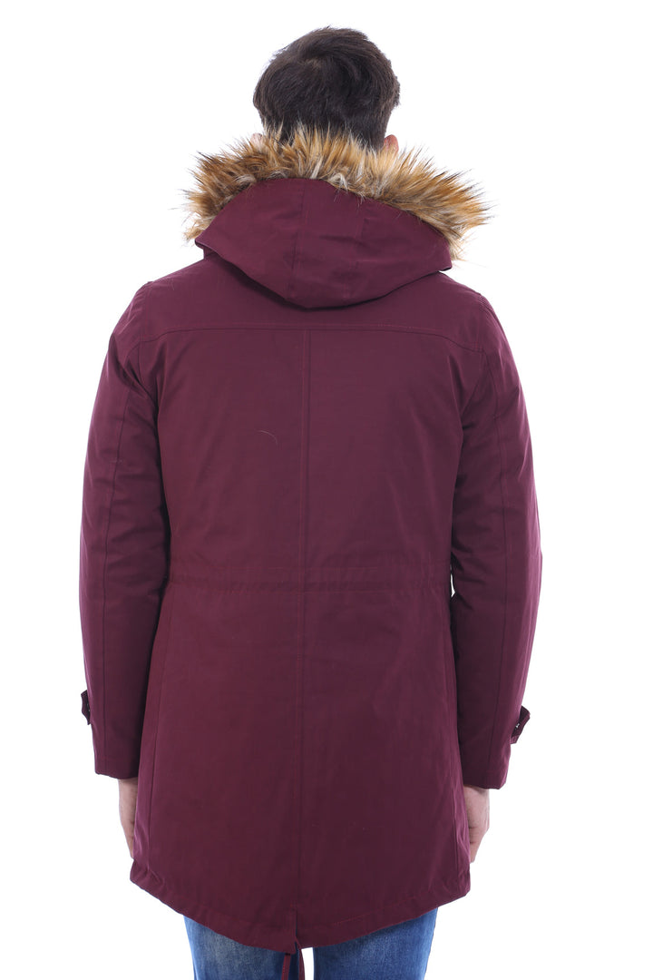 WSS Fur Hooded Burgundy Men Coat  - Olot