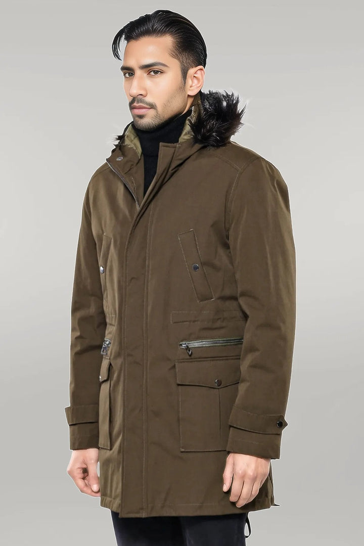WSS Fur Hooded Parka Khaki Men Coat  - Singen