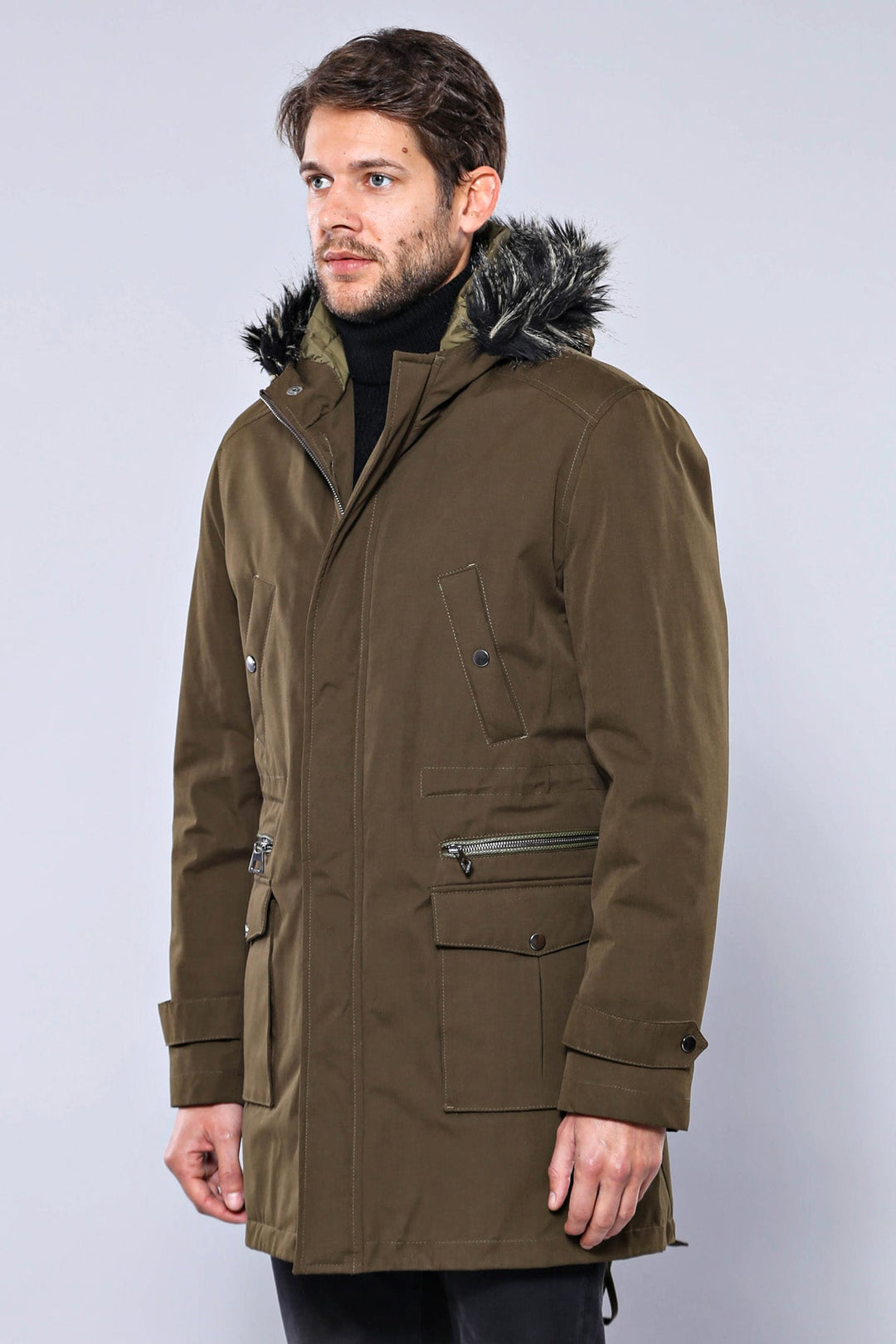 WSS Fur Hooded Parka Khaki Men Coat  - Newcastle