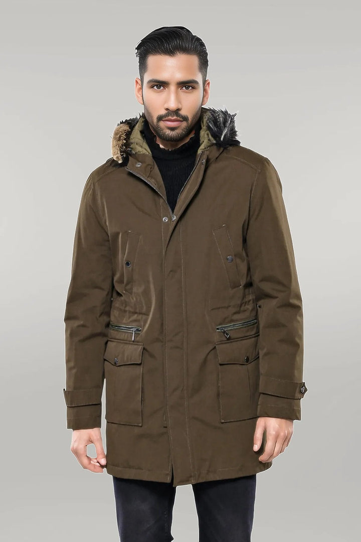 WSS Fur Hooded Parka Khaki Men Coat  - Singen