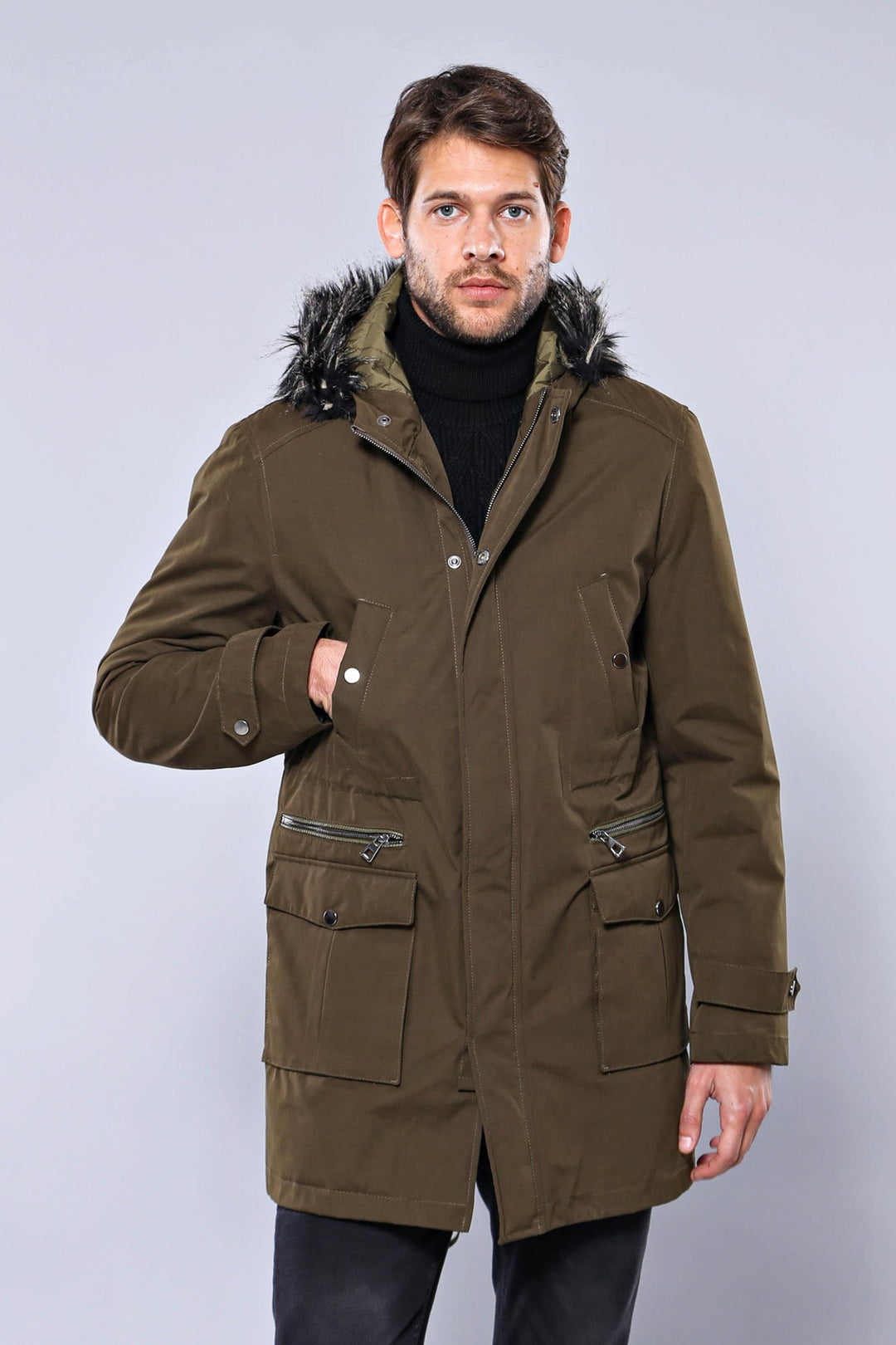 WSS Fur Hooded Parka Khaki Men Coat  - Newcastle