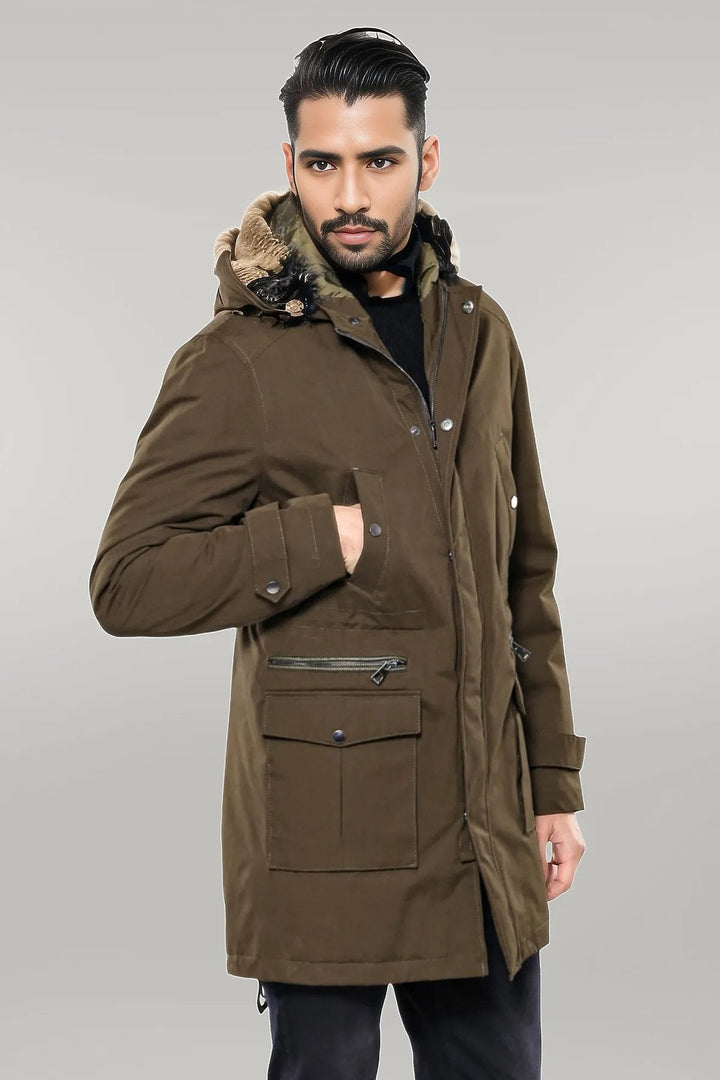 WSS Fur Hooded Parka Khaki Men Coat  - Singen