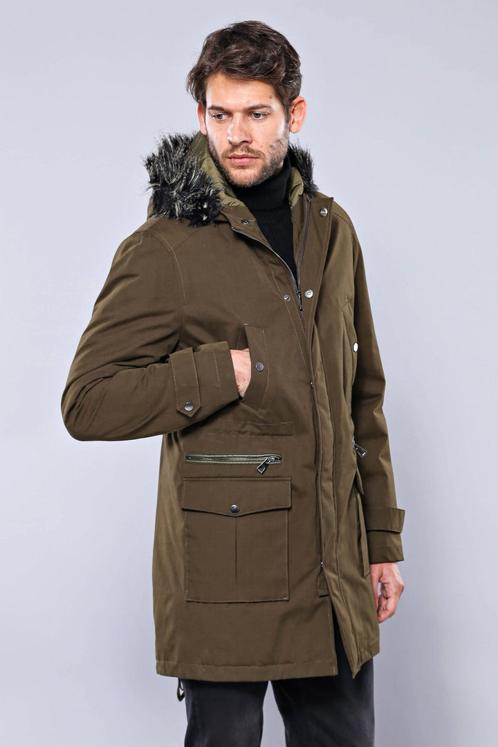 WSS Fur Hooded Parka Khaki Men Coat  - Newcastle