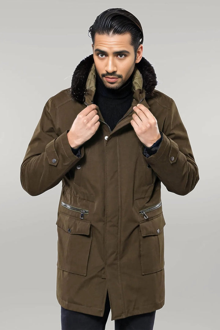 WSS Fur Hooded Parka Khaki Men Coat  - Singen