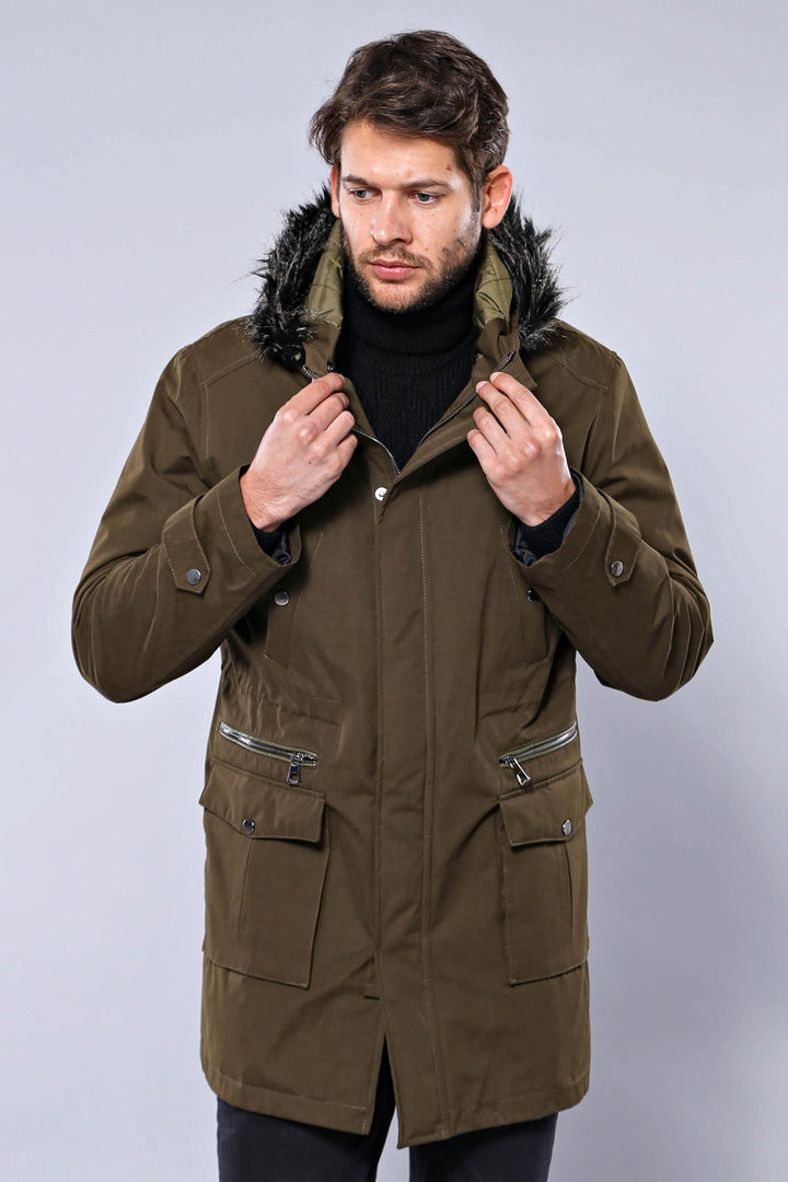 WSS Fur Hooded Parka Khaki Men Coat  - Newcastle