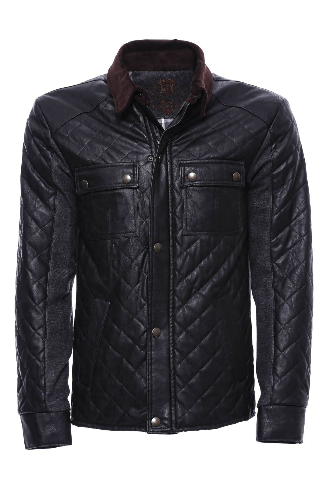 WSS Velvet Neck Zippered 4 Pockets Snap Buttones Quilted Black Men Leather Coat Jacket - Henderson