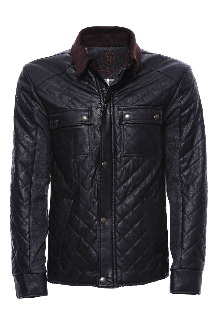 WSS Velvet Neck Zippered 4 Pockets Snap Buttones Quilted Black Men Leather Coat Jacket - Henderson