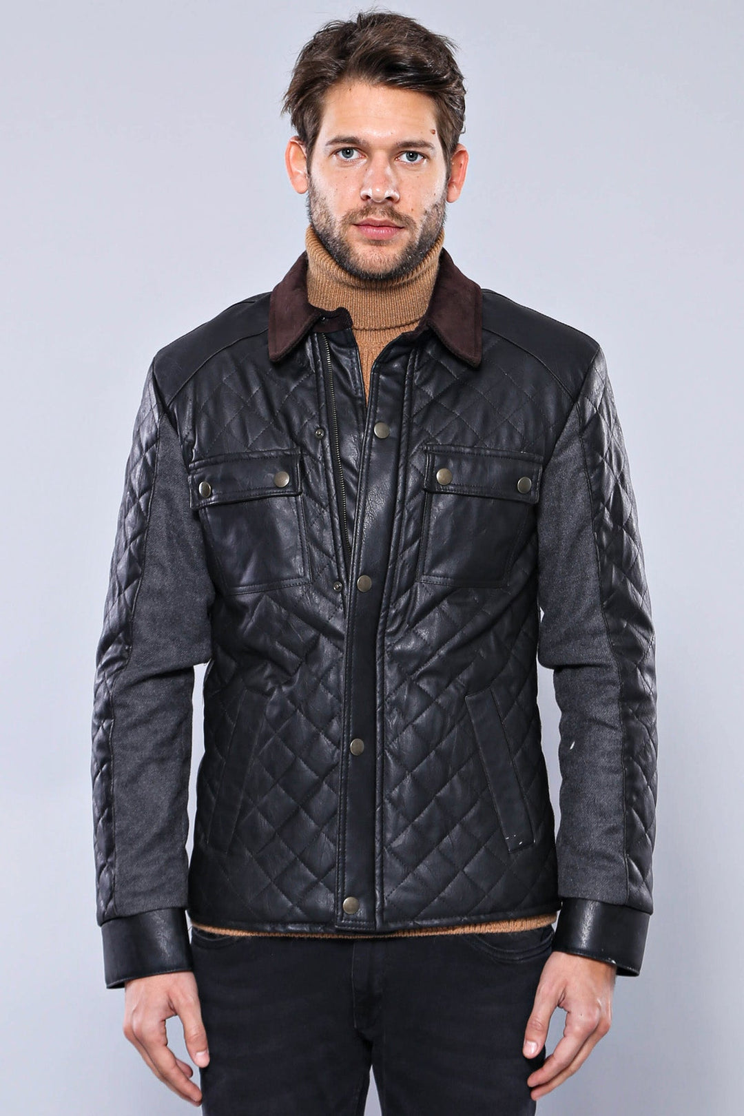 WSS Velvet Neck Zippered 4 Pockets Snap Buttones Quilted Black Men Leather Coat Jacket - Henderson